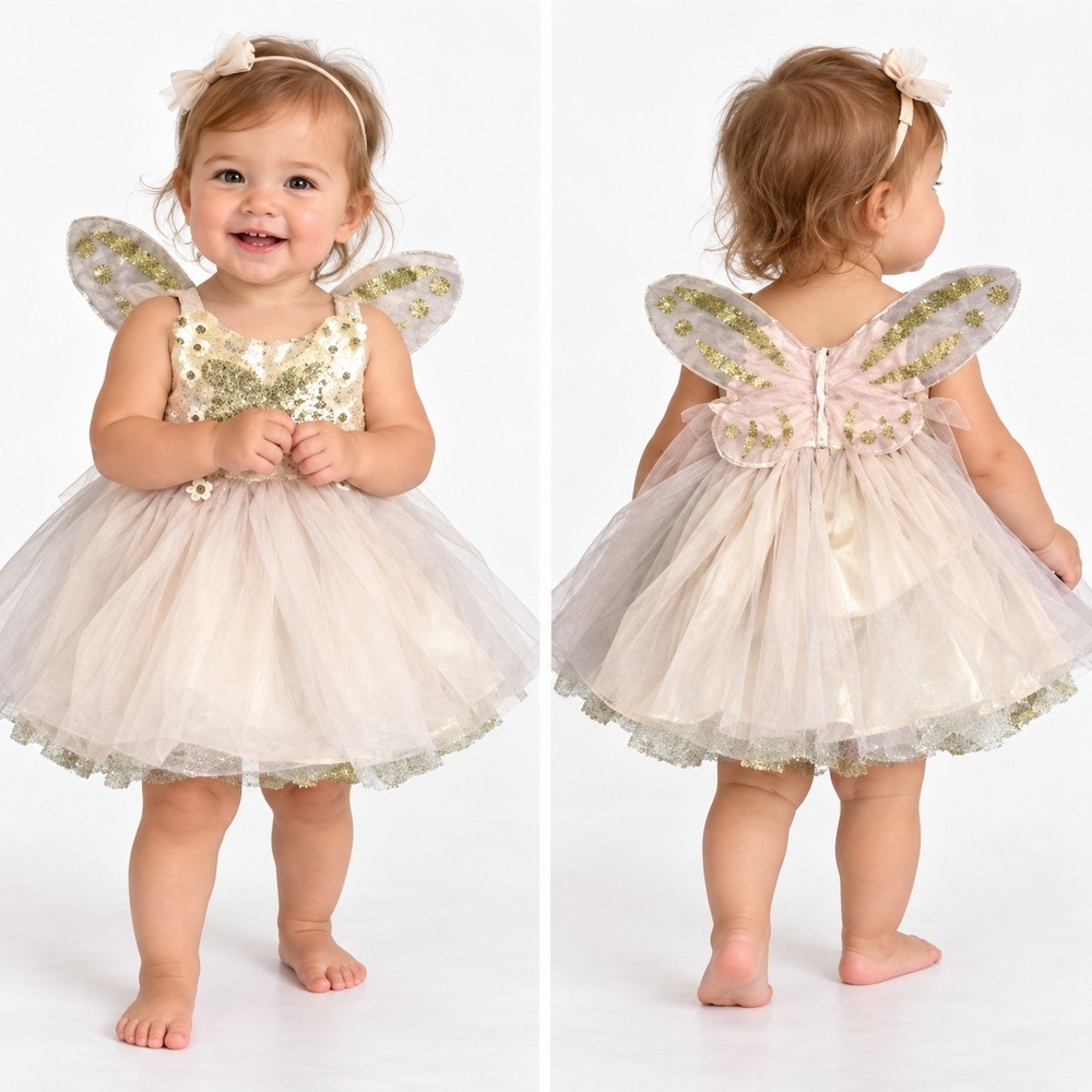 Pottery Barn Kids Fairy Costume Dress Pink Gold Glitter Tulle Baby 6-12M